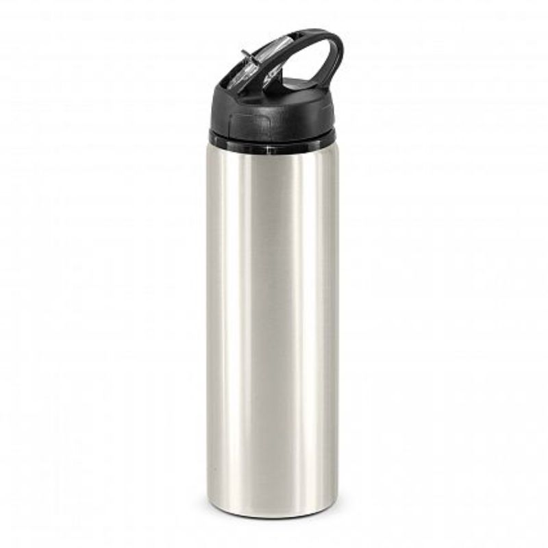 Set of 12 sleek silver 750ml BPA-free aluminium bottles with flip cap and carry handle for easy hydration on-the-go.