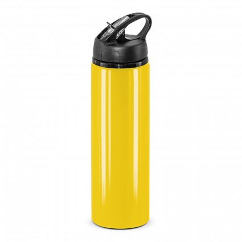 Vibrant yellow 750ml BPA-free aluminum bottles with flip cap, ideal for outdoor activities and eco-friendly hydration. Set of 12.