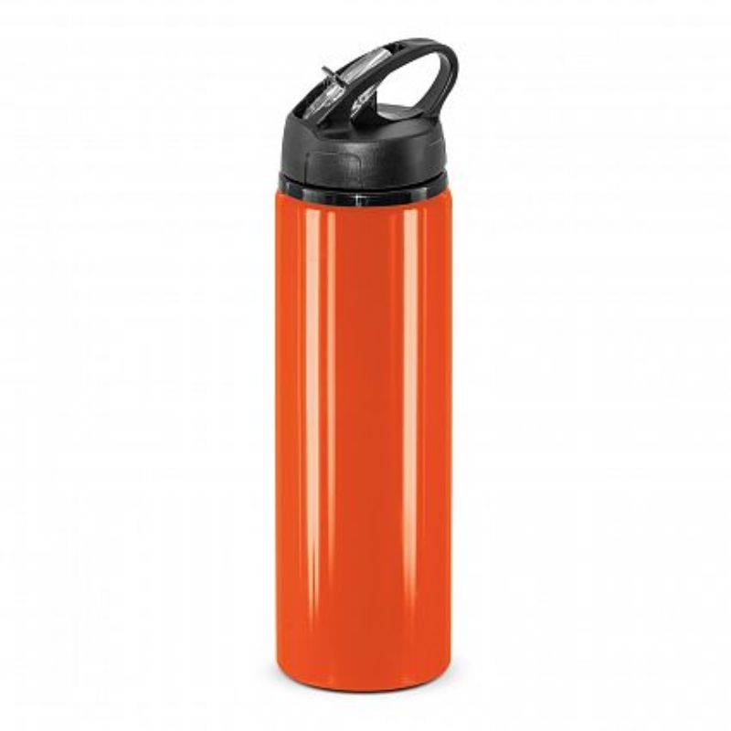 Set of 12 vibrant orange 750ml aluminum bottles with flip cap and carry handle for hydration on-the-go.