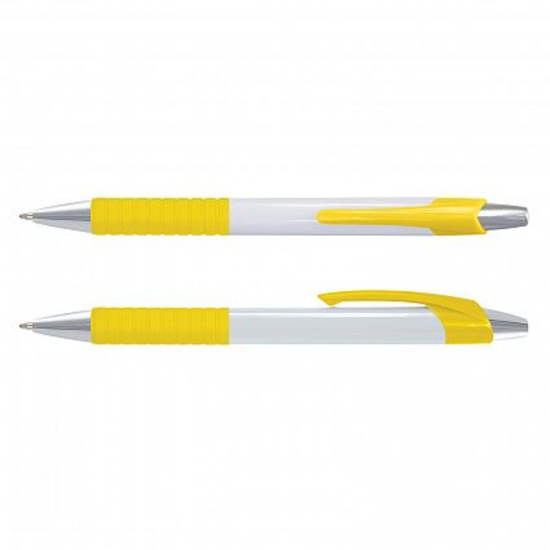 Retractable Cleo Pens in white and yellow, featuring soft-touch grip, chrome trim, and smooth German ink, set of 100.