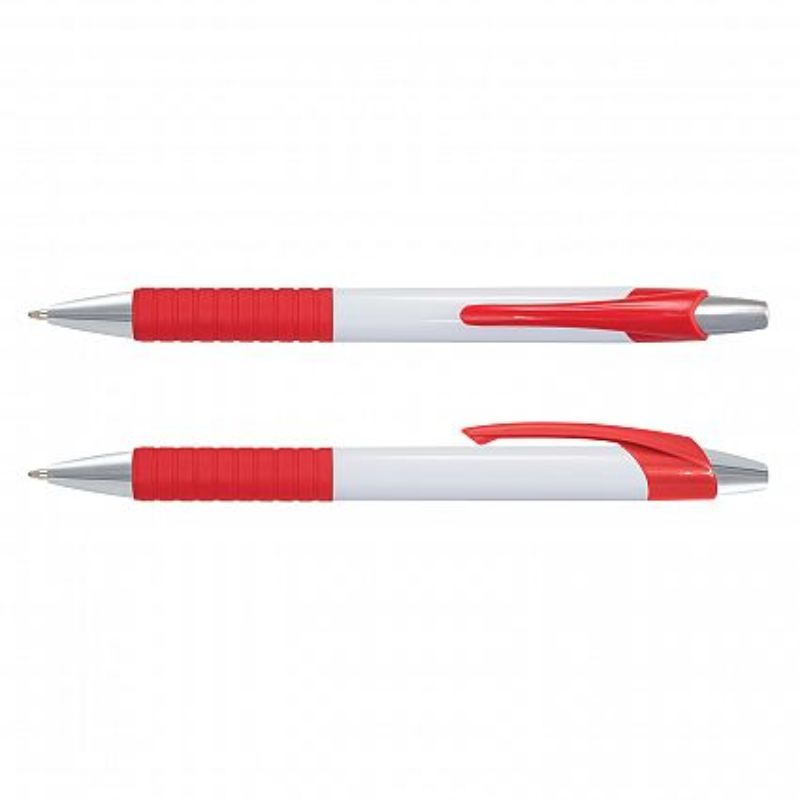 Cleo Pen set of 100 in white with red accents, featuring soft-touch grip and smooth-writing black ink refill.