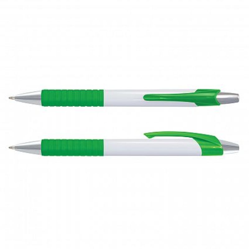 Set of 100 Cleo Pens in white and bright green, featuring a soft-touch grip and quality German ink for smooth writing.