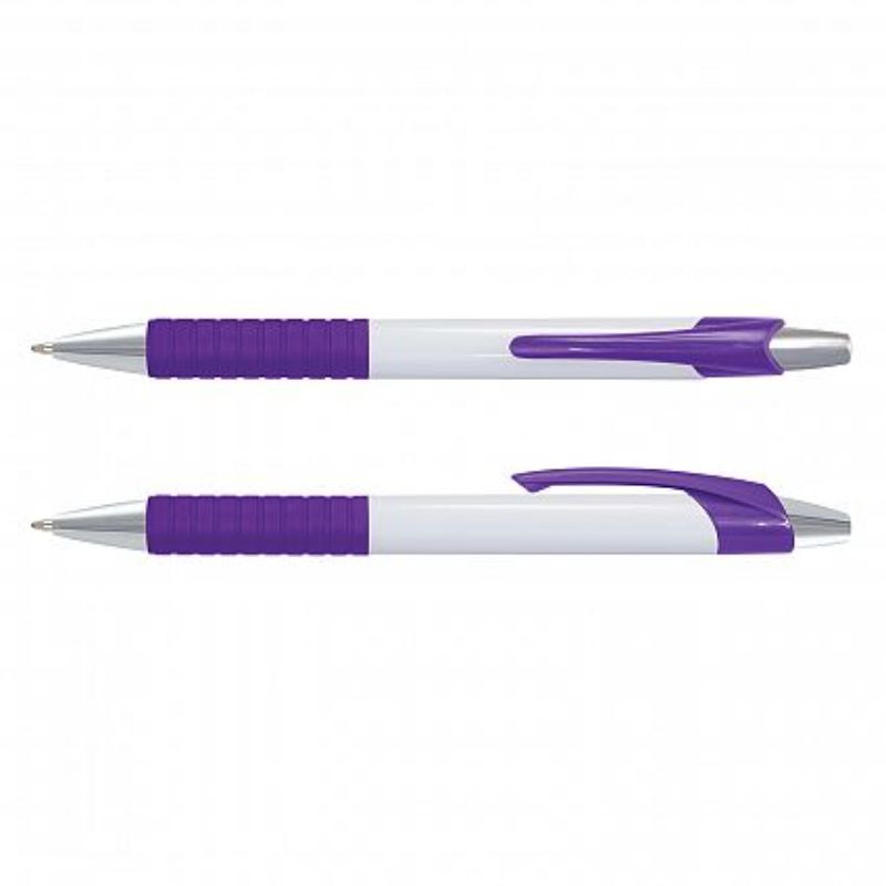 Retractable white and purple ball pen set of 100 with chrome trim and soft-touch grip for comfortable writing.
