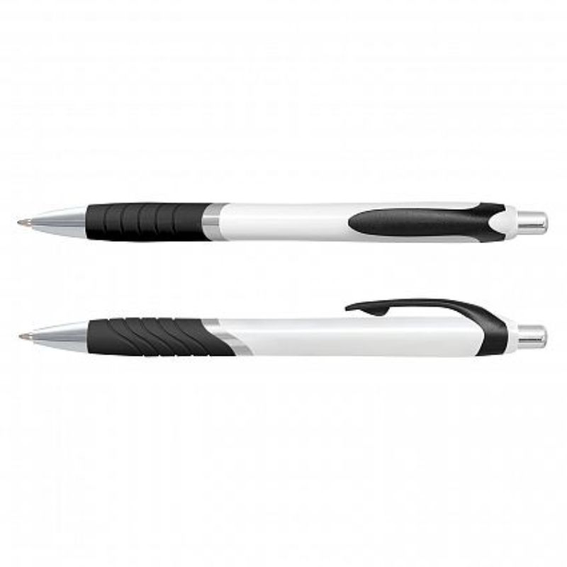 Set of 100 Jet Pens with white barrels, chrome trim, soft-touch grip, and smooth black ink for superior writing comfort.