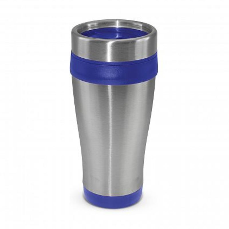 Set of 12 blue Aspen travel mugs, 350ml, double wall, stainless steel, BPA-free, with splash-proof lids for hot beverages.