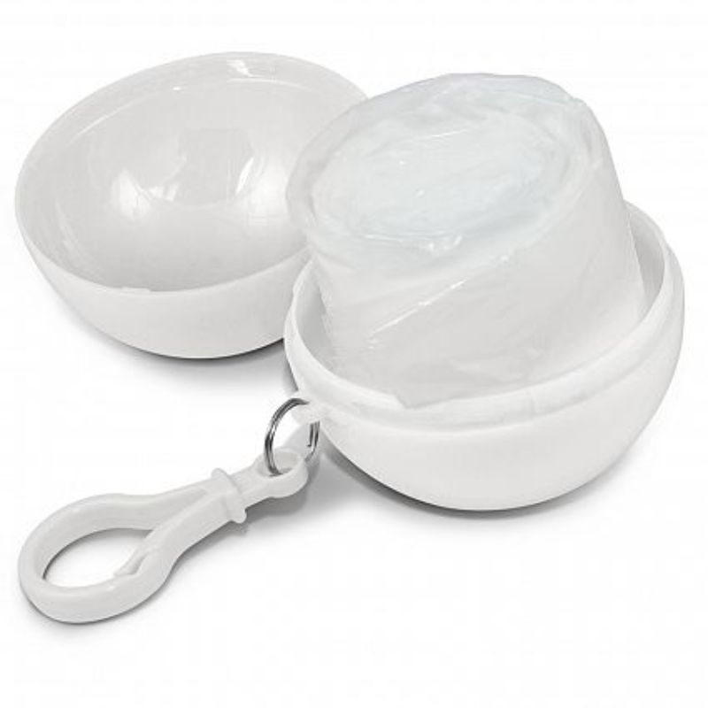 Compact white emergency raincoats in a round case, with clips for easy attachment, perfect for outdoor adventures. Set of 30.