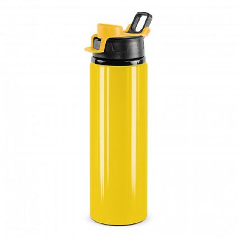 Vibrant yellow 750ml BPA-free aluminum drink bottles with snap caps and carry handles, perfect for stylish hydration on the go.