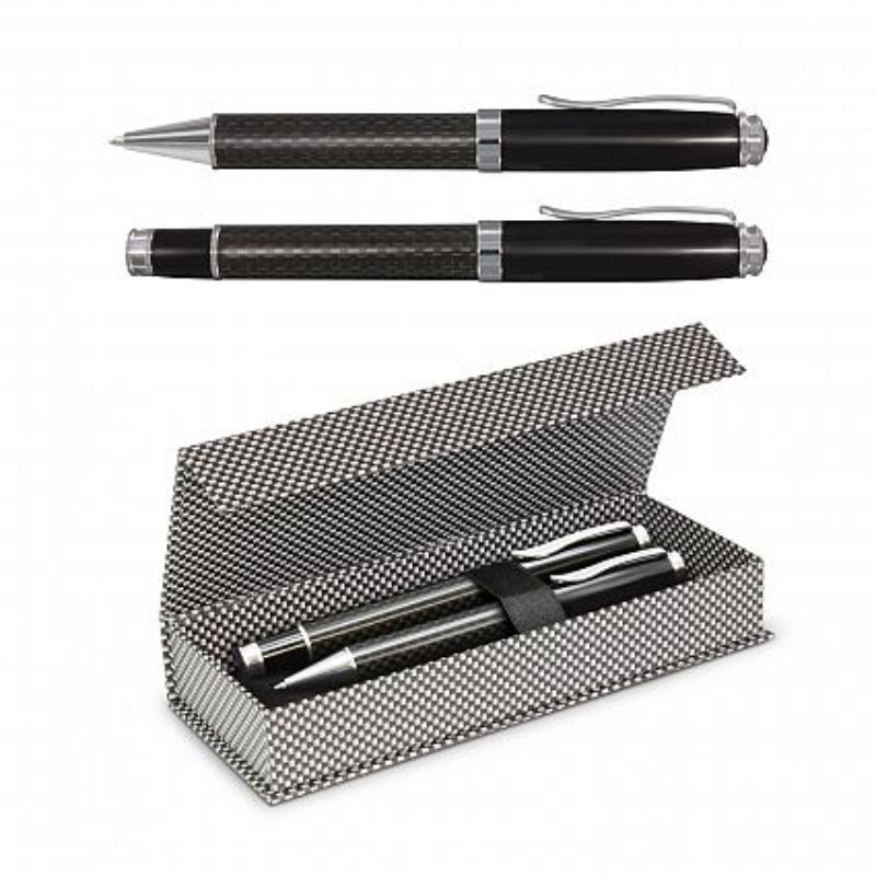 Elegant Statesman Gift Set in black featuring a ball pen and rolling ball pen in a stylish carbon fibre gift box.