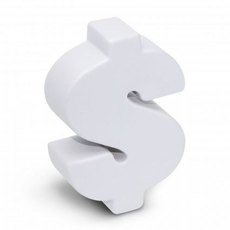 Set of 30 white dollar-shaped stress relievers made from soft polyurethane for effective stress relief and relaxation.