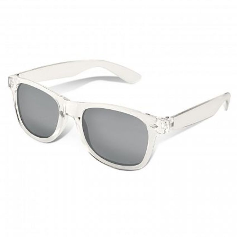 Set of 30 Malibu Premium Sunglasses with mirror lenses, clear/silver frames, and 100% UV protection. Perfect for events!