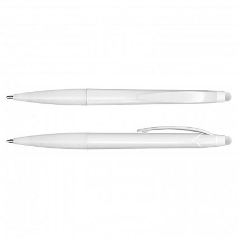 Set of 100 sleek white Spark Stylus Pens featuring twist action, touchscreen compatibility, and 500m black ink refill.
