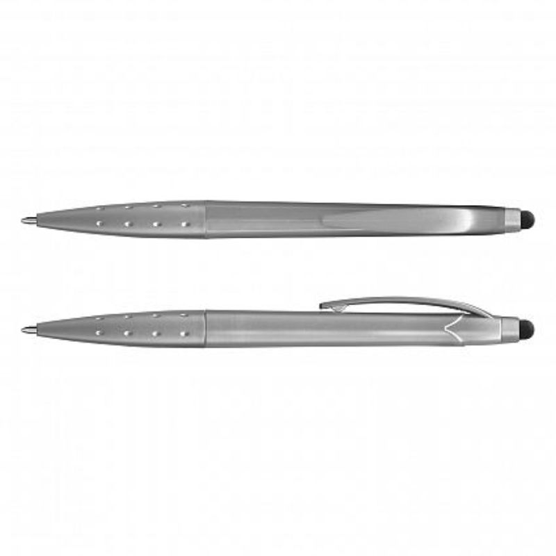 Set of 100 metallic silver stylus pens with twist action, ideal for writing and touch screen navigation.