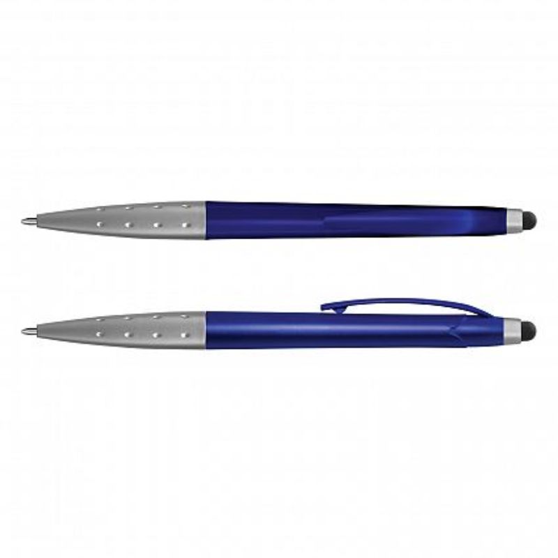 Metallic blue Spark Stylus Pen set of 100, featuring twist-action, a stylus tip, and high-quality writing performance.