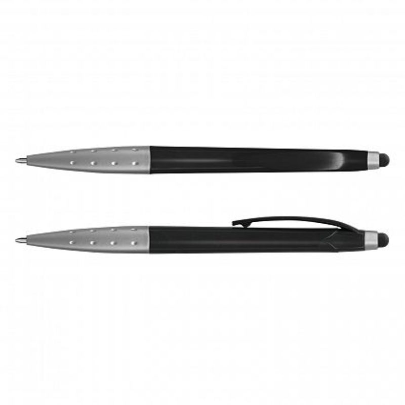 Multiple Spark Metallic Black Stylus Pens with sleek design and dual functionality for touchscreens and writing. Set of 100.