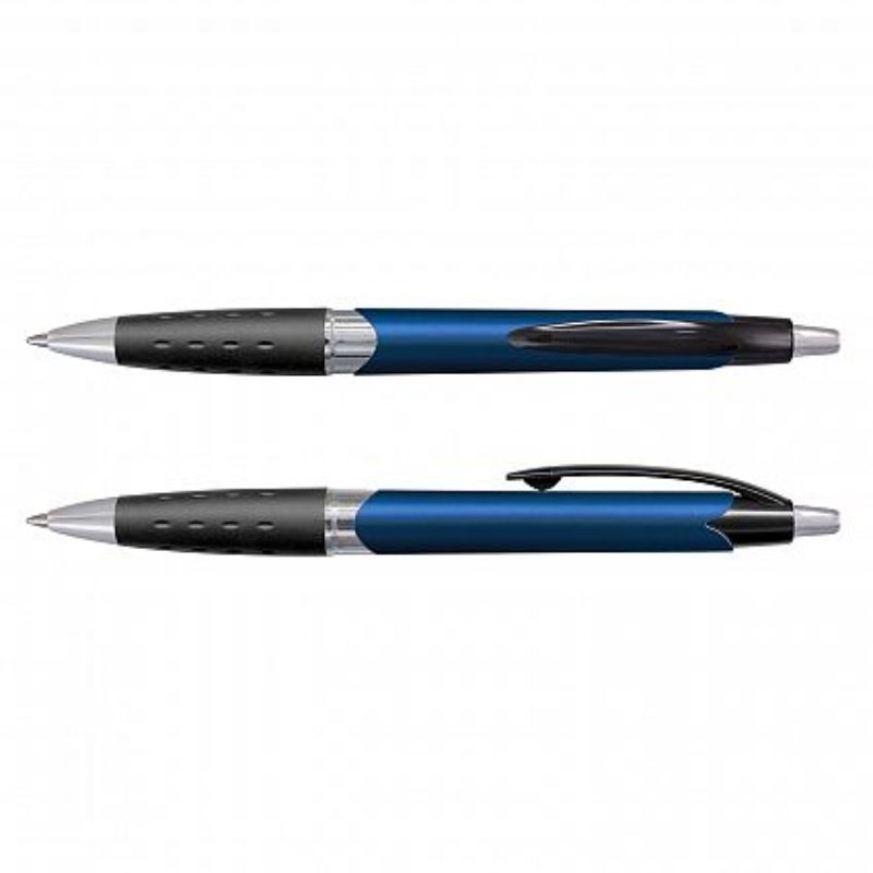 Set of 100 blue retractable pens with metallic barrels and rubber grips for comfortable writing, ideal for home and office use.