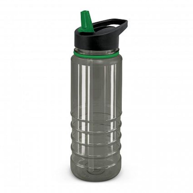 Set of 12 Triton Elite Bottles in black and dark green, 750ml, with secure lid, carry handle, and flip-out straw.