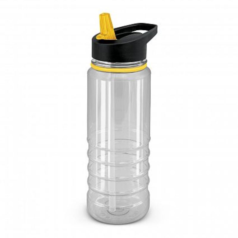 Set of 12 Triton Elite Bottles in clear with yellow accents, featuring a screw-on lid, carry handle, and flip-out straw.
