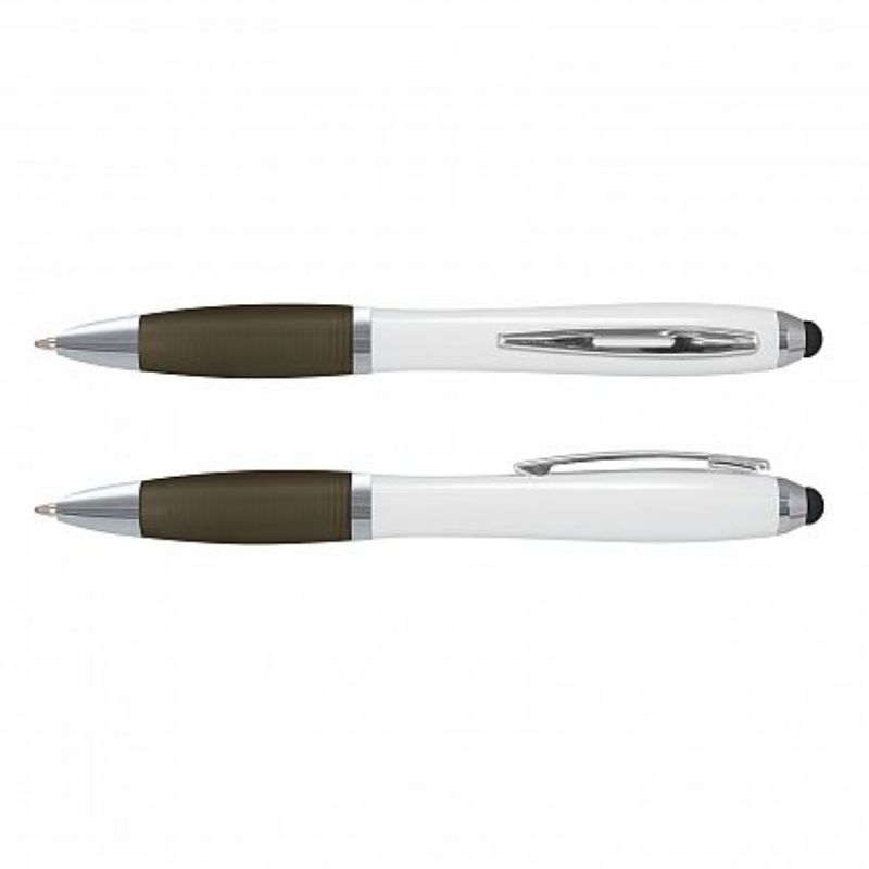 Set of 100 Vistro Stylus Pens in white and black, featuring a frosted grip and chrome trim for comfortable writing and touchscreen use.
