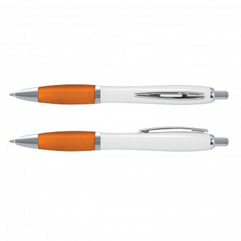 Set of 100 Vistro pens in white and orange, featuring a soft-touch grip and chrome trim for comfort and style.