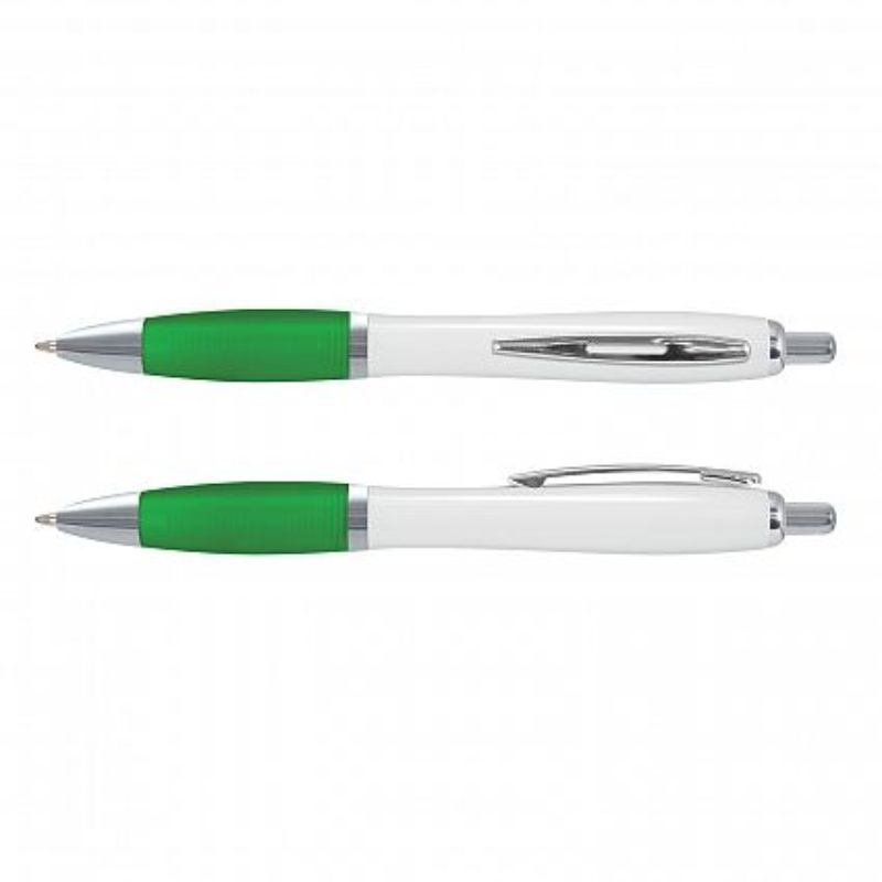 Vistro Pen set of 100 featuring white barrel, dark green accents, soft-touch grip, and chrome trim for elegant writing.