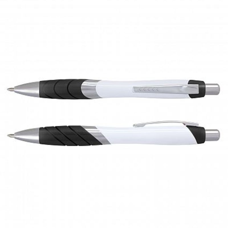 Set of 100 Borg Pens featuring white barrels, soft-touch grips, and chrome trim, ideal for professional and personal use.