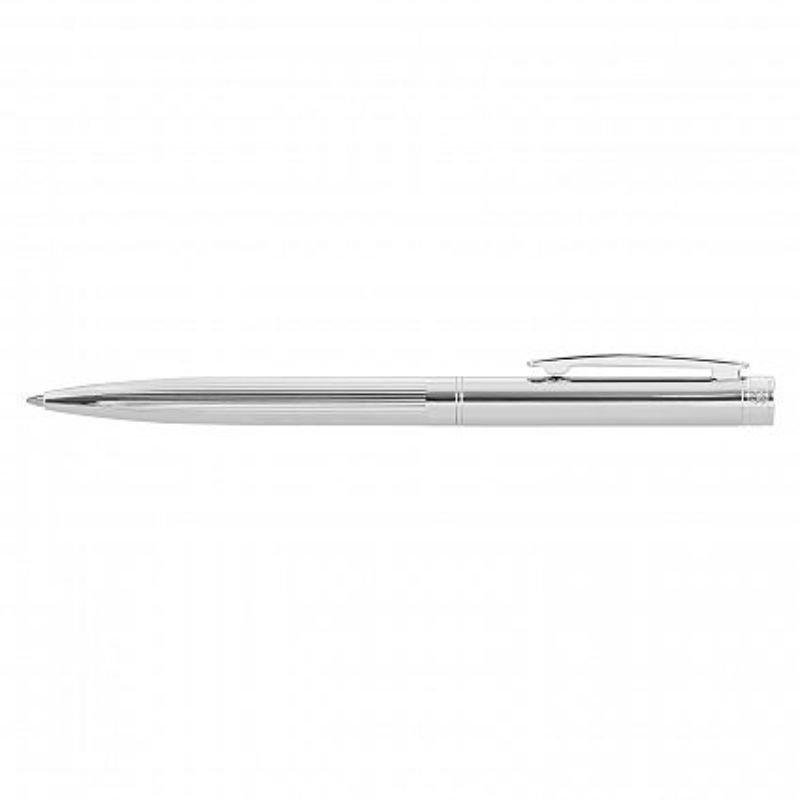 Set of 6 elegant silver ballpoint pens with twist action, guilloche engraving, and high-capacity black refills for smooth writing.