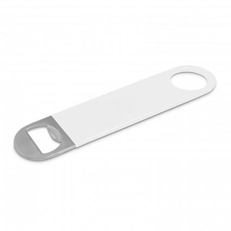 Large white stainless steel bottle opener with soft-touch coating, sold in a set of 30 units.