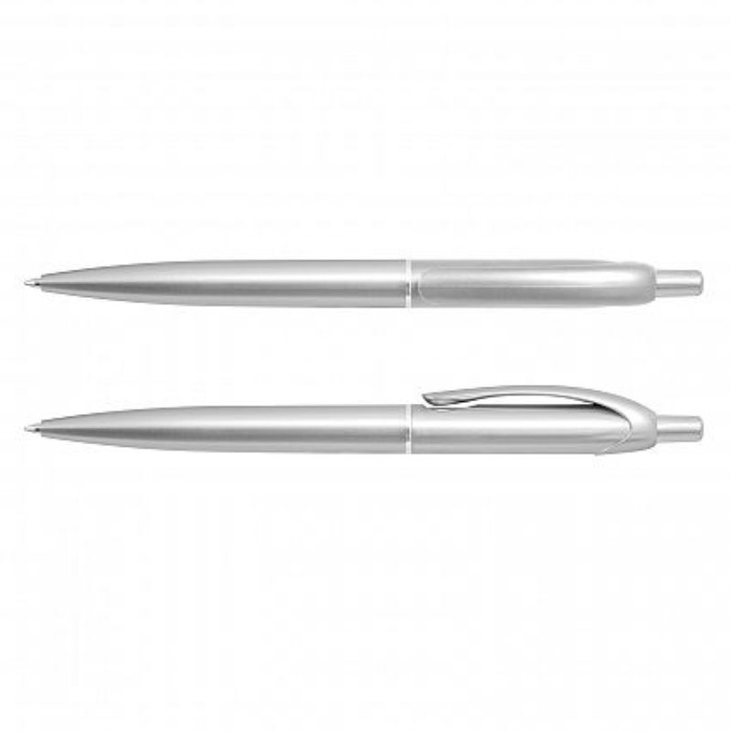 Set of 100 retractable metallic silver pens with chrome accents, smooth writing, and durable design for elegant stationery use.
