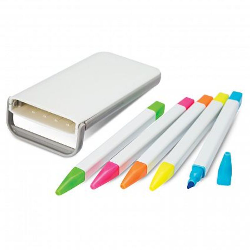 Vivo Highlighter Set of 12 in white and grey, featuring vibrant colors and a stylish case with a handy desk stand.