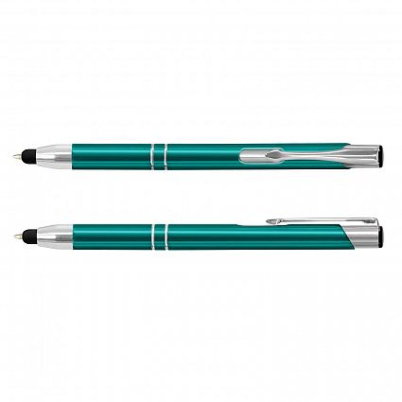 Set of 50 teal Panama Stylus Pens featuring retractable design, chrome accents, and dual functionality for touch screens.