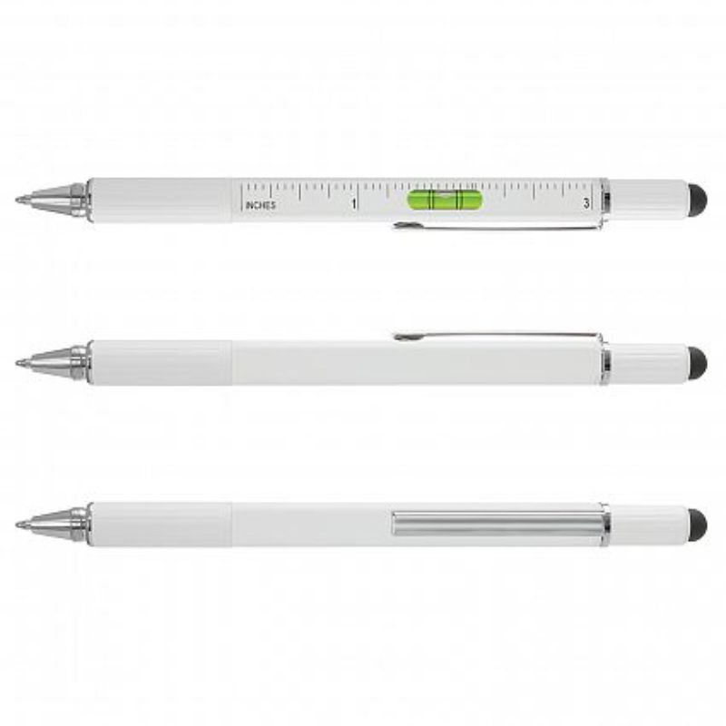 Set of 12 white Concord multi-function pens featuring stylus, ruler, spirit level, and screwdrivers for versatile use.