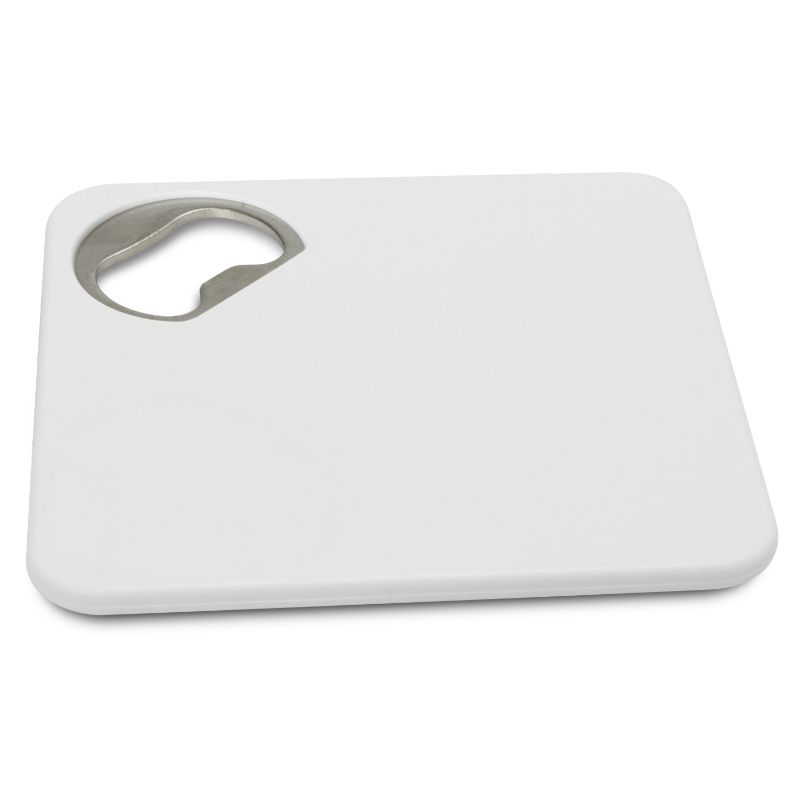 Set of 50 white coasters with built-in bottle openers, featuring a non-slip foam base for stability and protection.