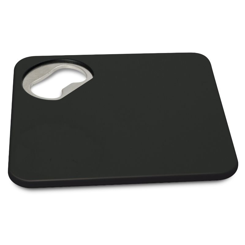 Set of 50 black coaster bottle openers with non-slip foam base, perfect for home bars and gatherings.