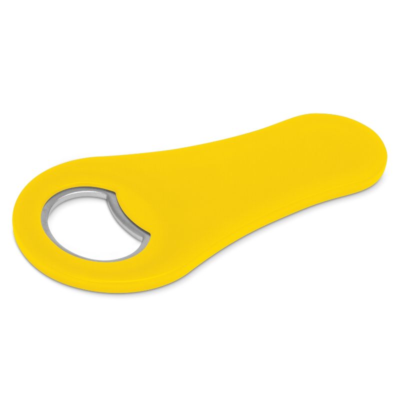 Vibrant yellow magnetic bottle openers, perfect for events, featuring strong grip and fridge storage convenience. Set of 50 units.