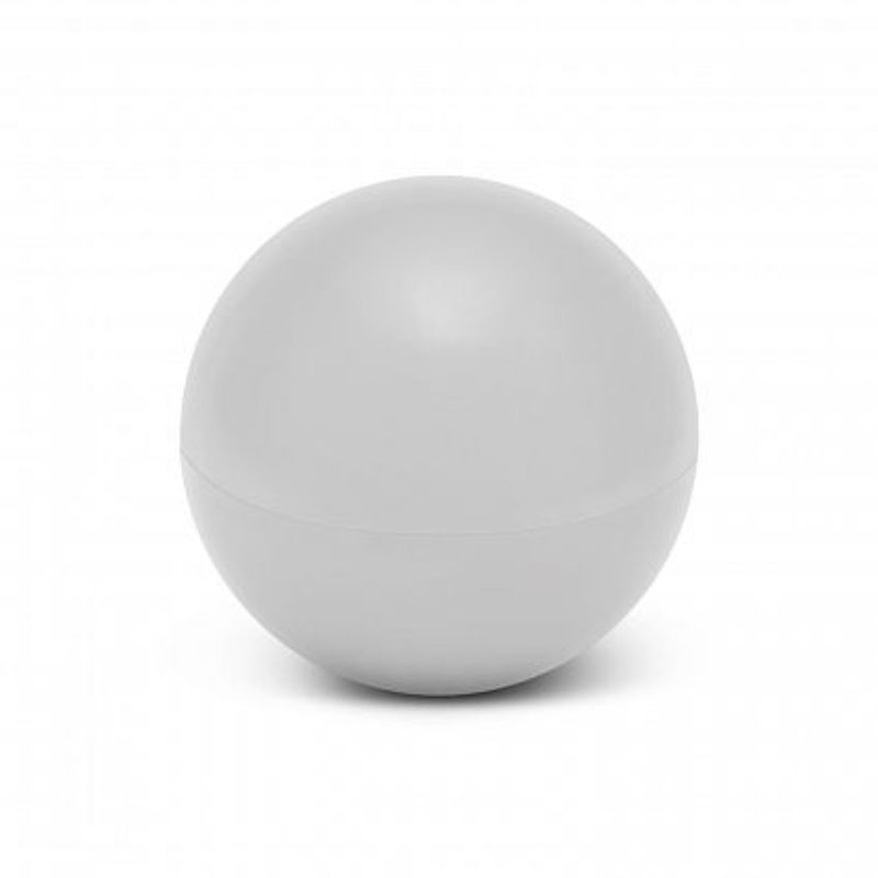 Zena Lip Balm Ball in White, 12g, set of 50 for hydration, with screw-on cap and shrink-wrapped seal for freshness.