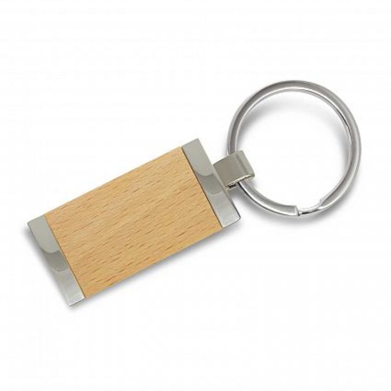 Elegant natural and silver key rings with decorative wood plates in a set of 30, perfect for gifts or promotional events.