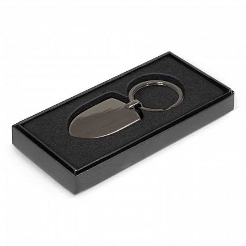 Set of 30 elegant gunmetal key rings, crest-shaped, presented in a stylish black gift box for gifts or promotions.