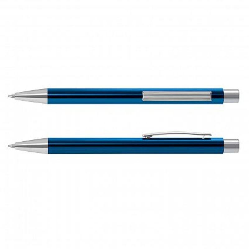 Set of 50 dark blue retractable aluminum ball pens with stylish chrome accents, offering 1200 meters of smooth writing ink.