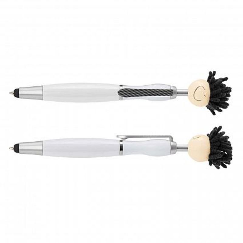 White Mop Topper Pen set of 30 with smiley head and microfiber 'hair' for cleaning screens, perfect for fun and functionality.