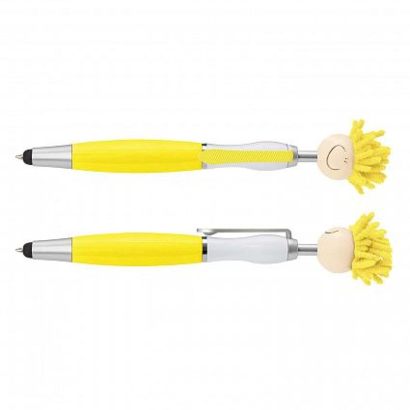 Set of 30 yellow Mop Topper Pens with smiley faces, microfiber hair for screen cleaning, and stylus tips for touch devices.