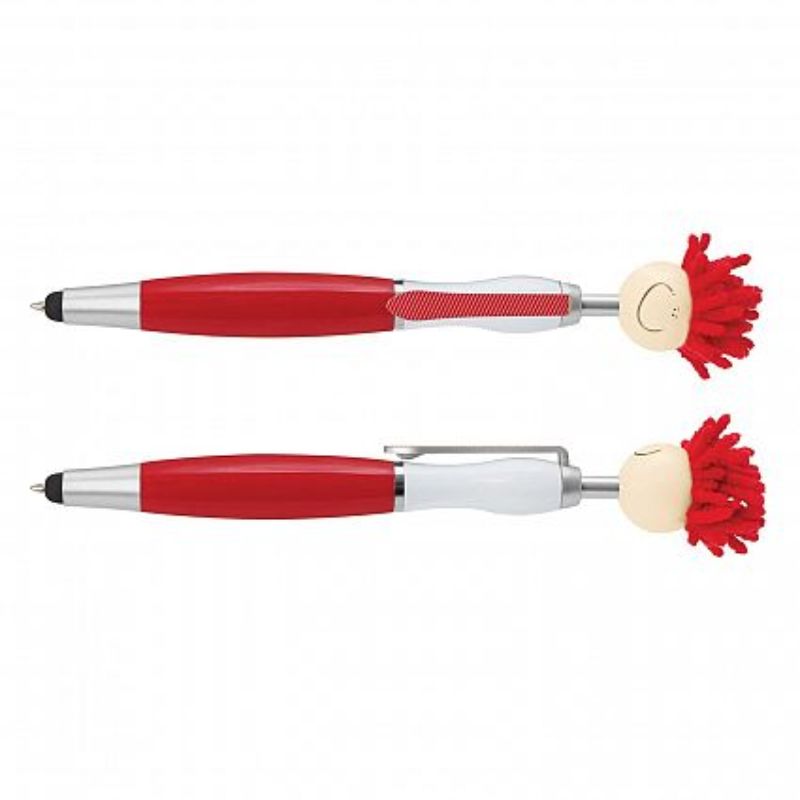 Mop Topper Pen set of 30 in red, featuring a smiley head, microfiber hair for cleaning screens, and stylus tip.