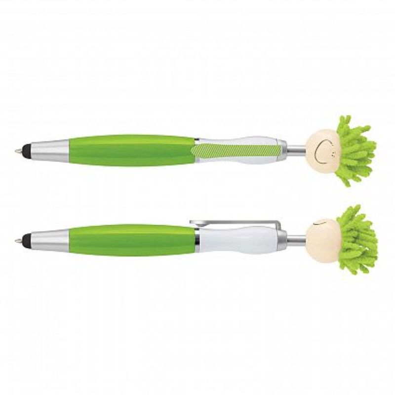 Bright green Mop Topper Pens with smiley face design, microfiber hair for screen cleaning, and stylus feature, set of 30.