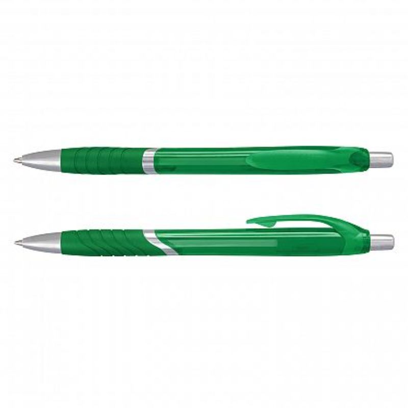 Set of 100 dark green retractable pens with a translucent barrel, chrome trim, and comfortable grip for smooth writing.