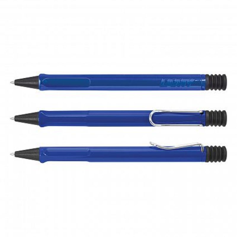 Lamy Safari Pen in blue, a sleek ball pen with a durable design, metal clip, and black refill offering 8000 meters of smooth writing.