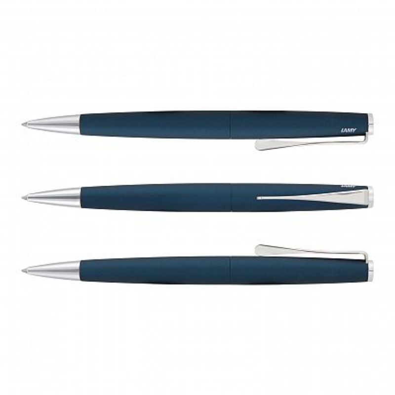 Elegant blue Lamy Studio pen with twist action, propeller clip, chrome accents, and a high-quality black refill.