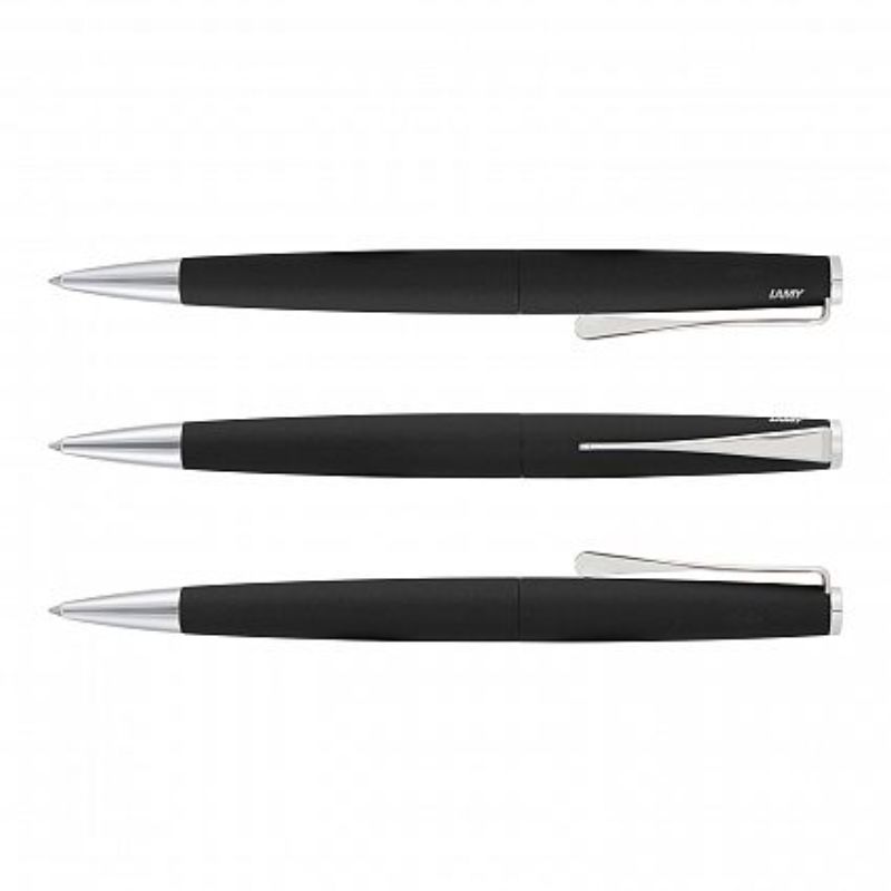 Elegant black Lamy Studio Pen featuring a brushed stainless steel barrel, chrome accents, and propeller-inspired clip.