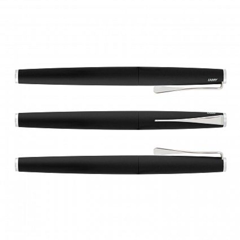 Lamy Studio Rolling Ball Pen in Black with chrome accents, ergonomic design, and 750m smooth ink, presented in a gift box.