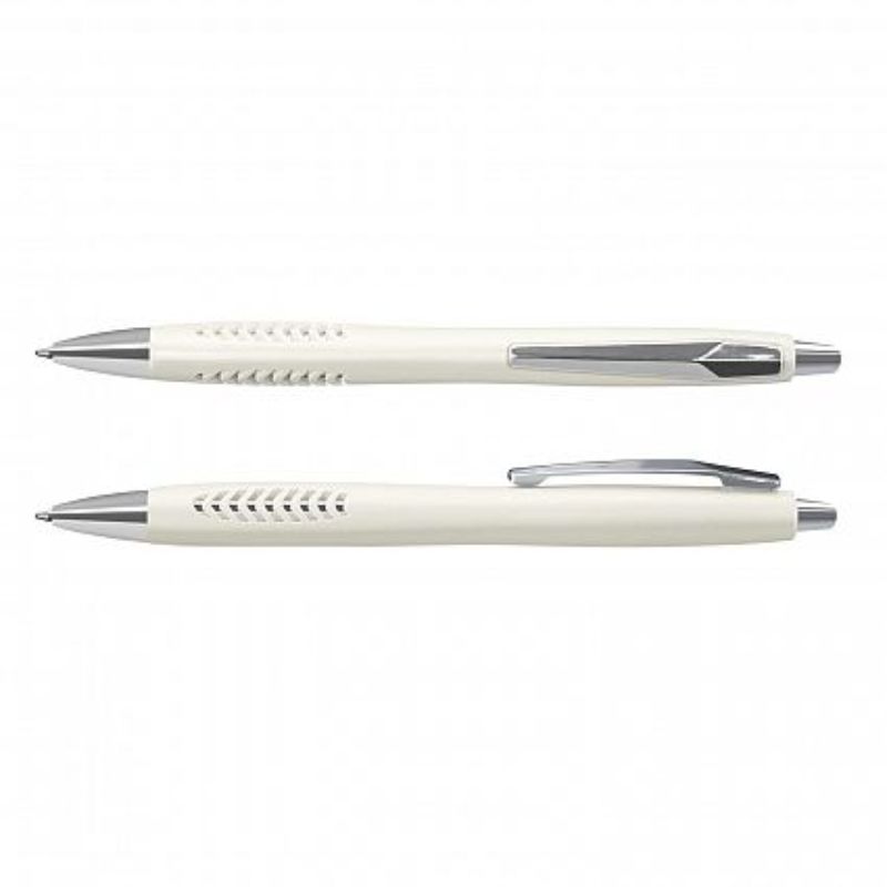 Pack of 100 Topaz White Pens featuring metallic barrels, chrome trim, and ergonomic triangular grips for a smooth writing experience.