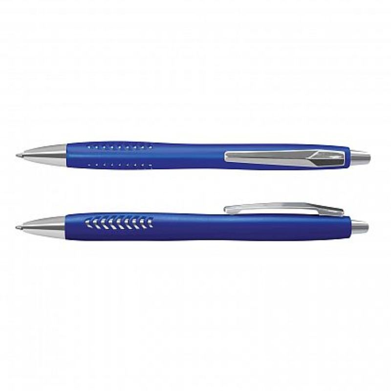Set of 100 blue retractable ballpoint pens with metallic barrels, comfortable grips, and smooth German ink for quality writing.