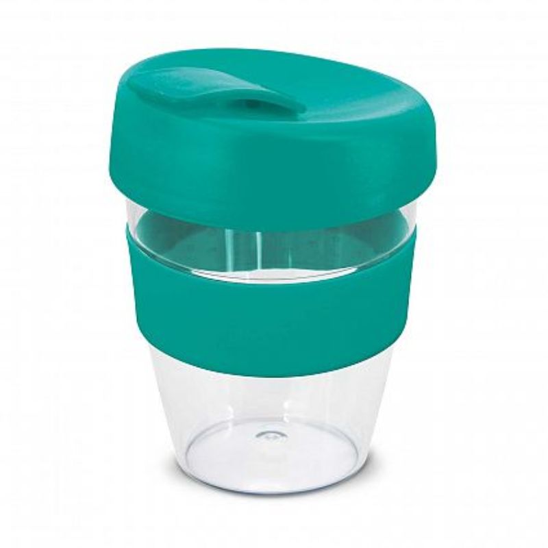 Set of 12 teal 350ml reusable coffee cups with silicone bands, secure lids, and a sleek, crystal-clear design.